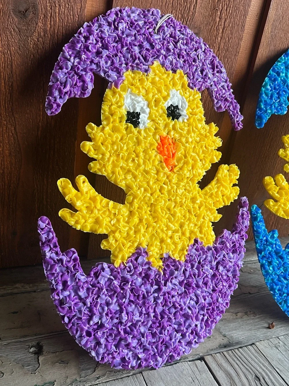 Vintage Easter Melted Plastic Popcorn Chick Egg Wall Decor Pair Retro